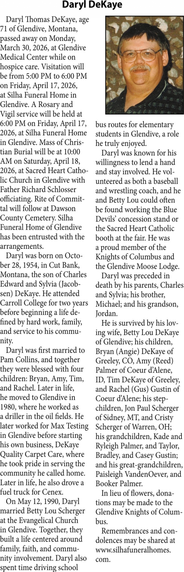 Daryl DeKaye, Obituaries, Glendive, MT