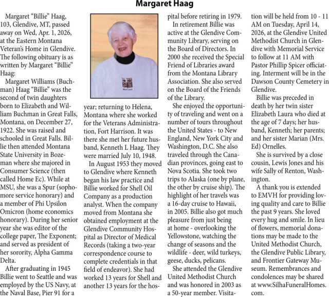 Margaret Haag, Obituaries, Glendive, MT