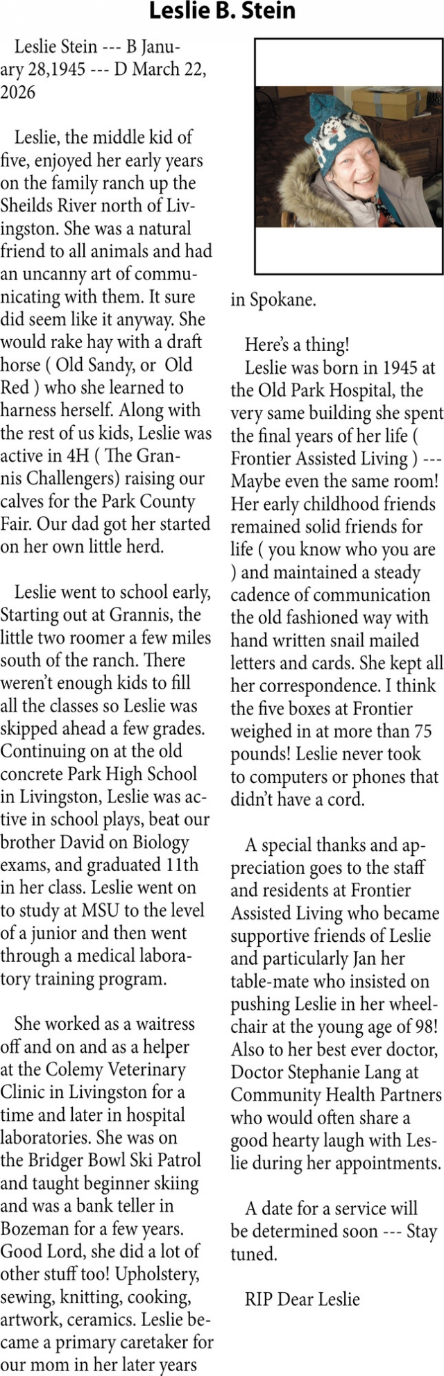 Leslie B. Stein, Obituaries, Glendive, MT