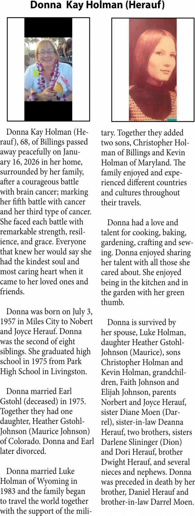 Donna Kay Holman, Obituaries, Glendive, MT