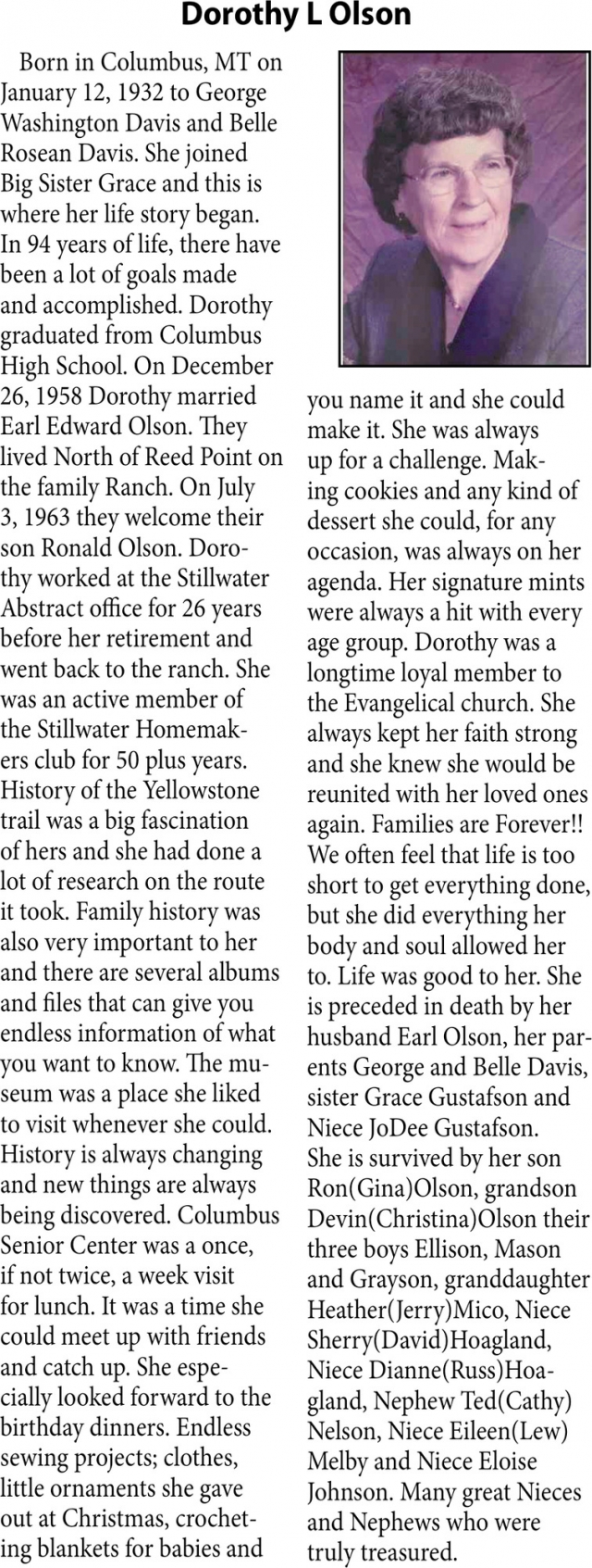 Dorothy L Olson, Obituaries, Glendive, MT