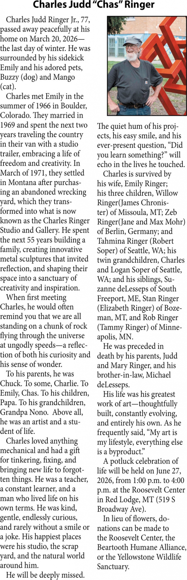Charles Judd ringer, Obituaries, Glendive, MT