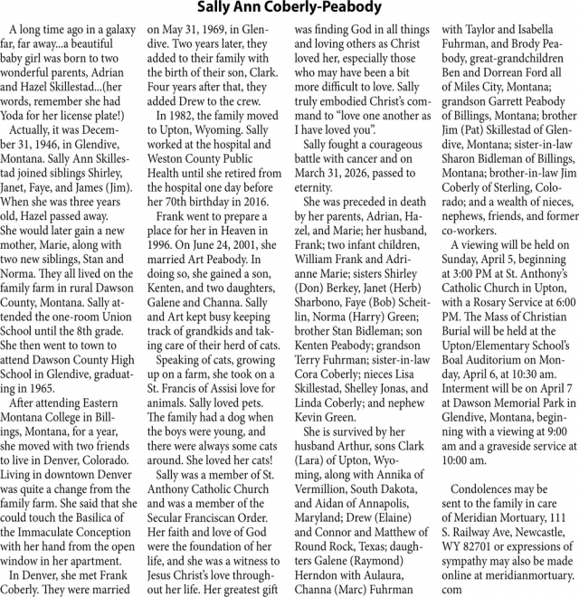 Sally Ann Coberly-Peabody, Obituaries, Glendive, MT