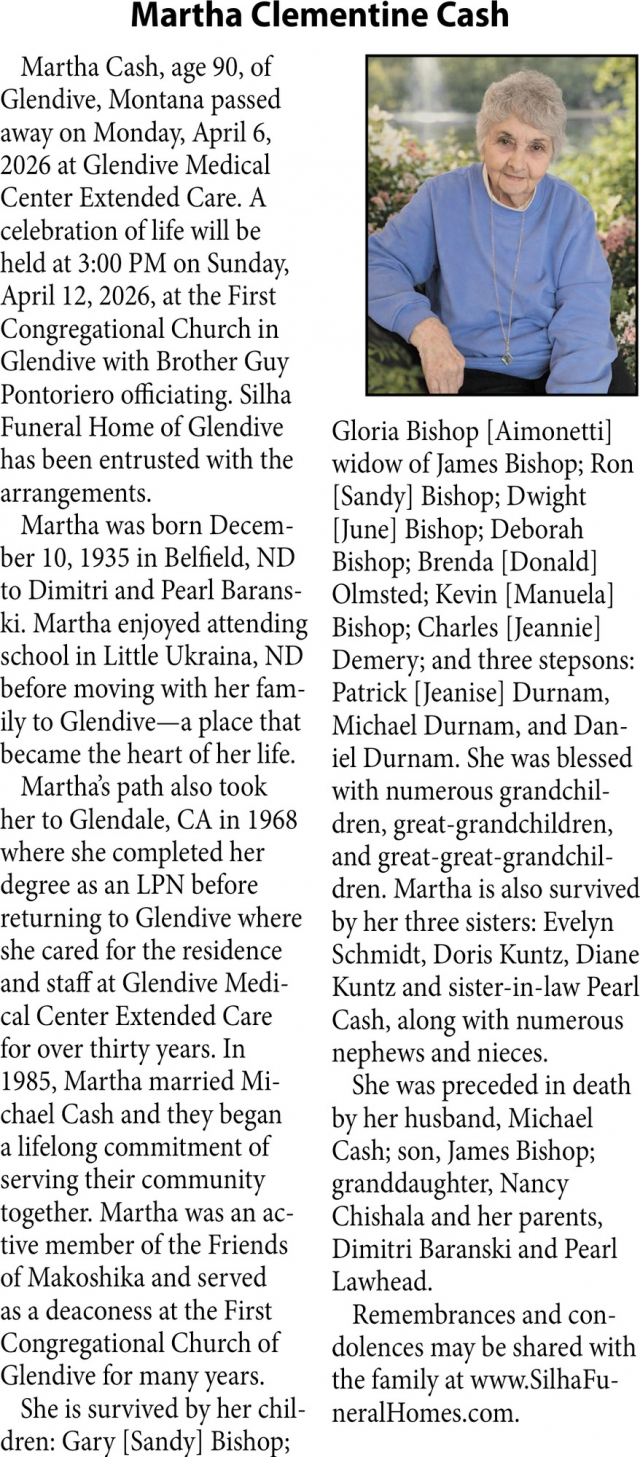 Martha Clementine Cash, Obituaries, Glendive, MT