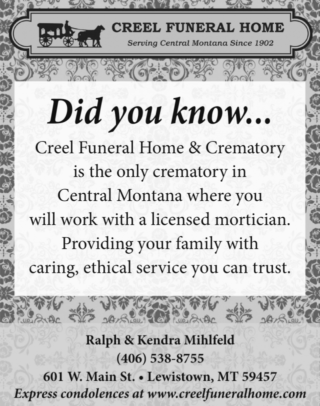 Funeral Services, Creel Funeral Home, Lewistown, MT