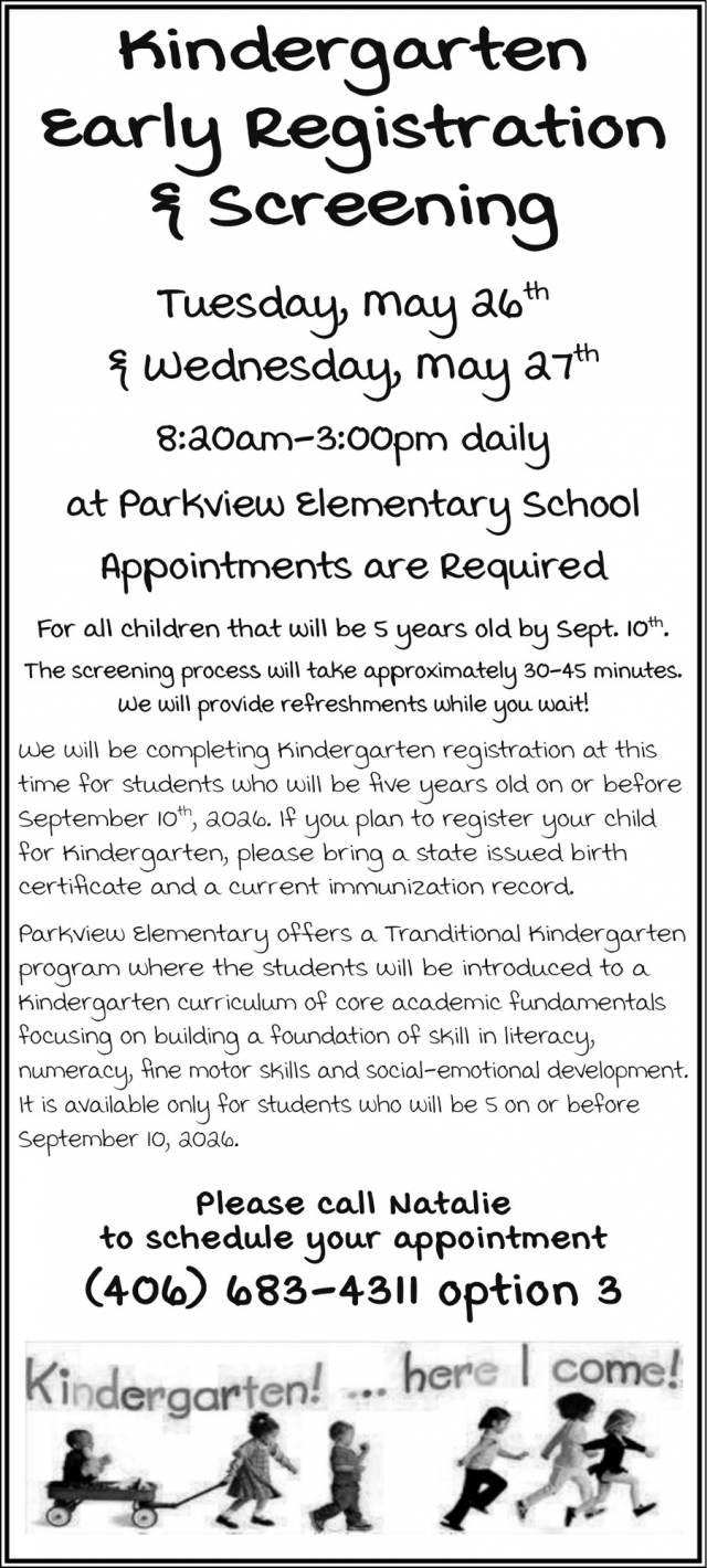 Kindergarten Early Registration, Dillon School District #10, Dillon, MT