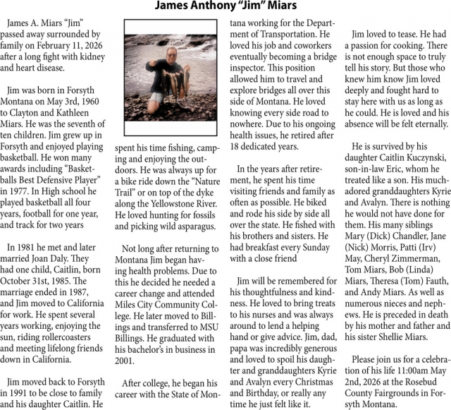 James Anthony Miars, Obituaries, Glendive, MT