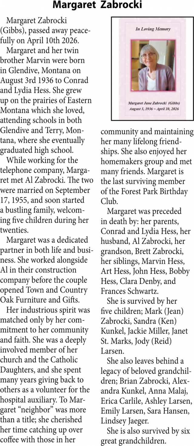 Margaret Zabrocki, Obituaries, Glendive, MT