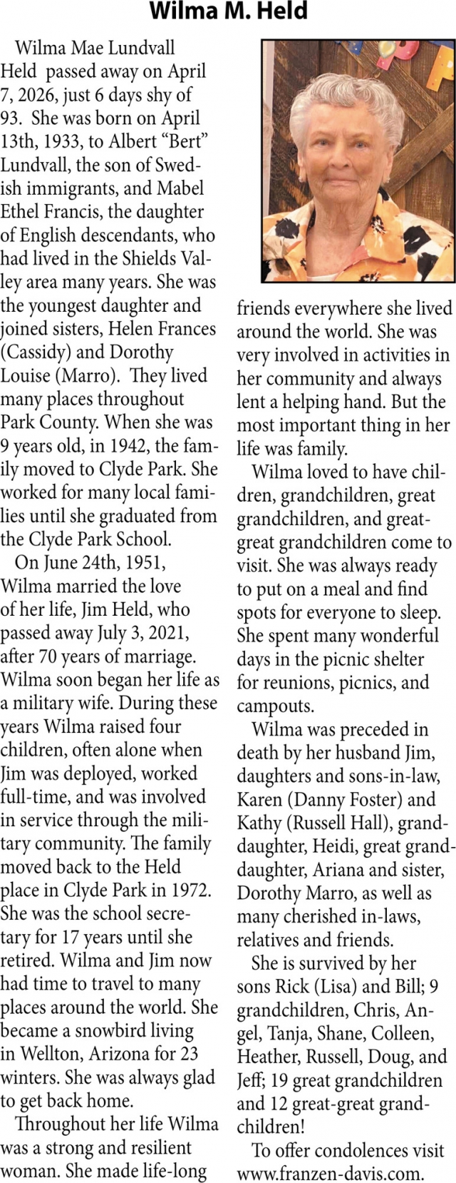 Wilma M. Held, Obituaries, Glendive, MT