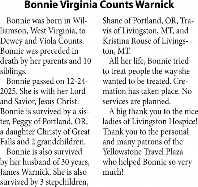 Bonnie Virginia Counts Warnick, Obituaries, Glendive, MT