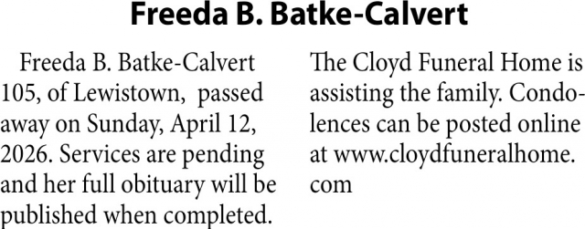 Freeda B. Batke-Calvert, Obituaries, Glendive, MT