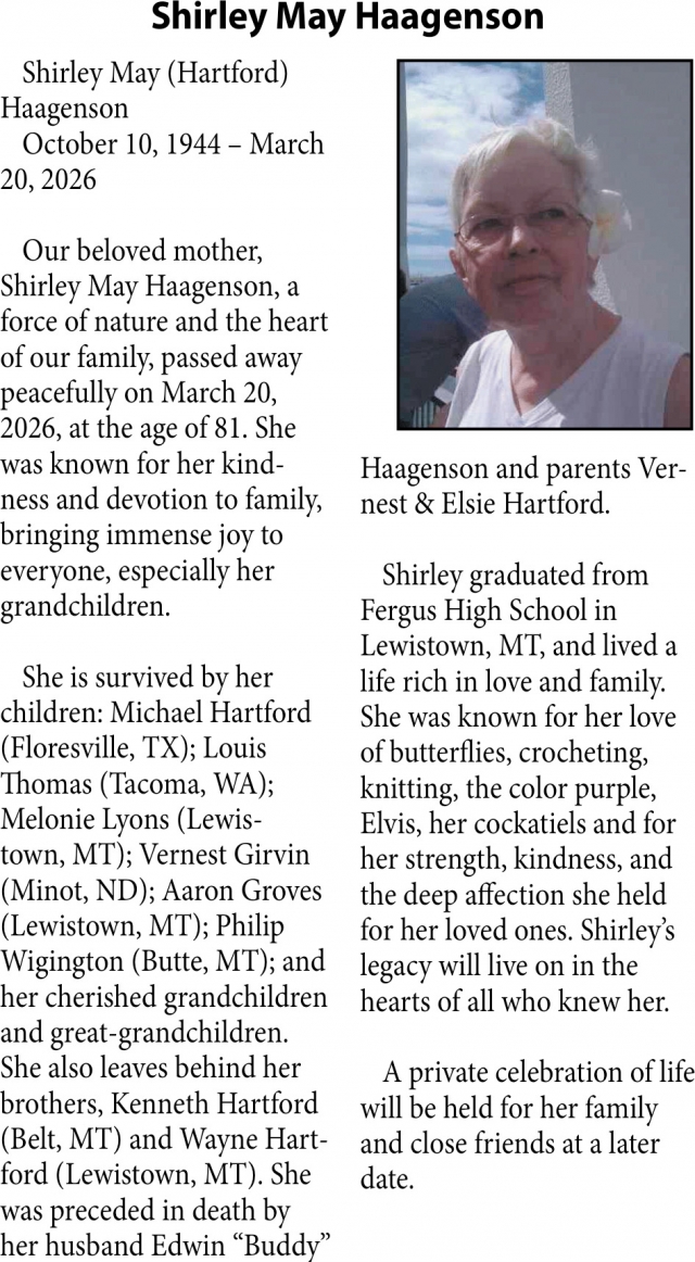 Shirley May Haagenson, Obituaries, Glendive, MT