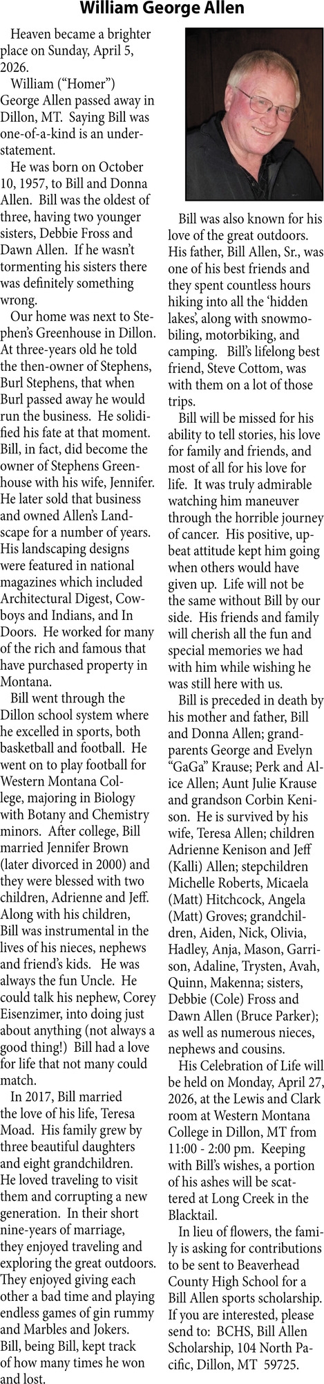 William George Allen, Obituaries, Glendive, MT