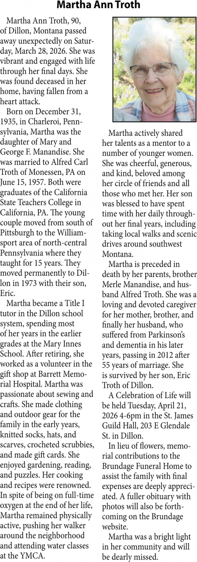 Martha Ann Troth, Obituaries, Glendive, MT