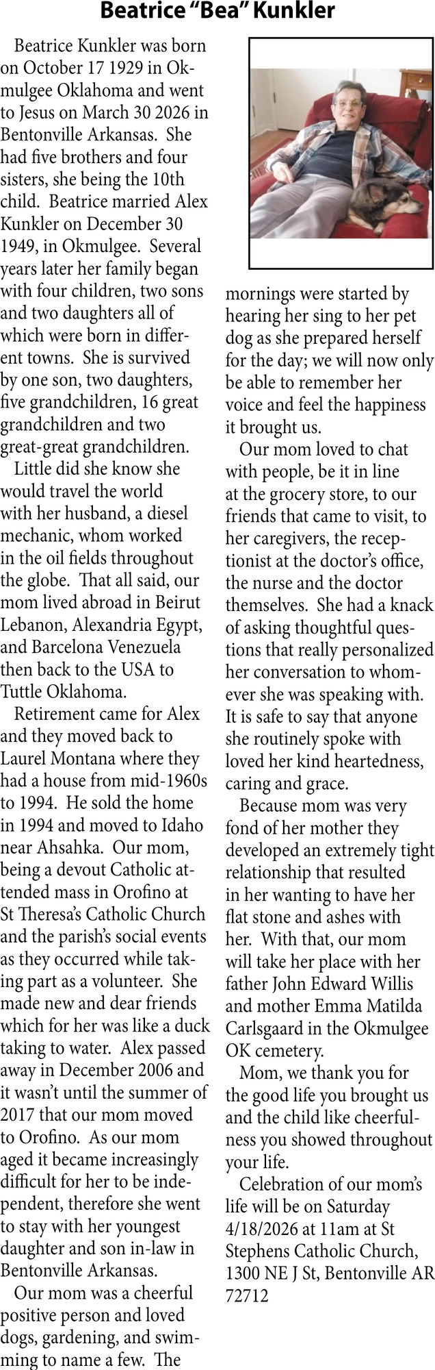 Beatrice Kunkler, Obituaries, Glendive, MT