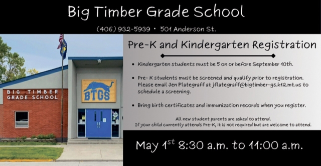 Pre-K Kindergarten Registration, Big Timber Grade School, Big Timber, MT