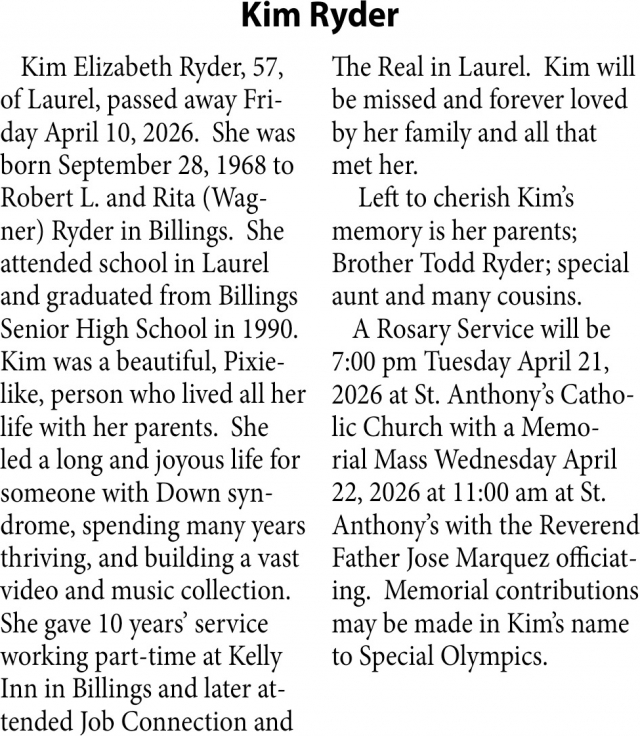 Kim Ryder, Obituaries, Glendive, MT