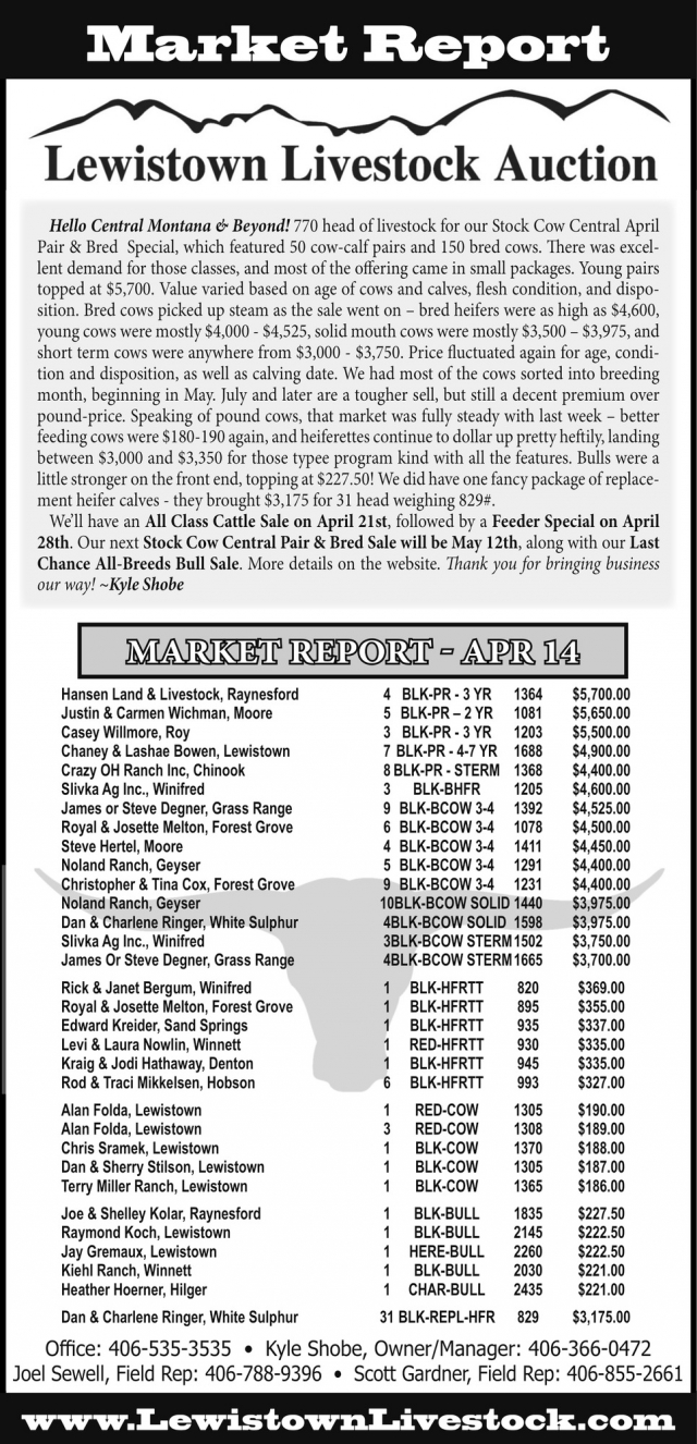 Market Report, Lewistown Livestock Auction, Lewistown, MT