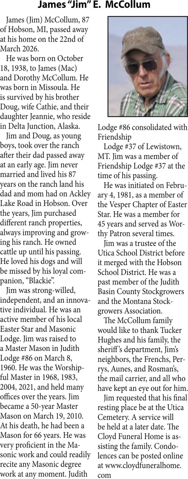 James E. McCollum, Obituaries, Glendive, MT
