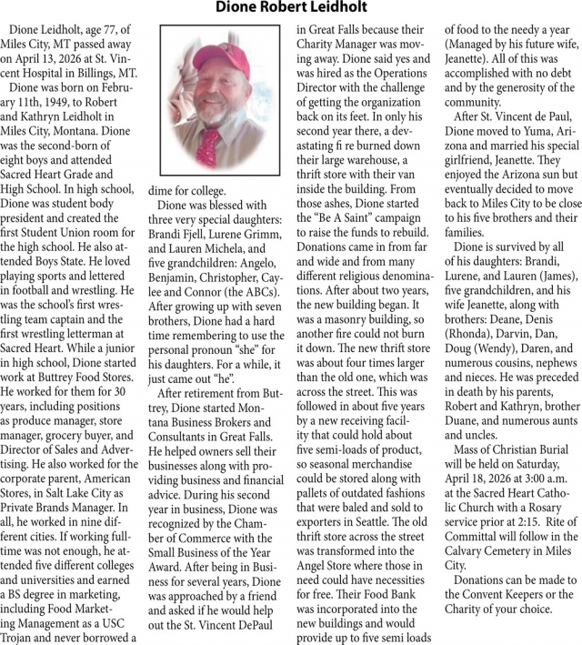 Diane Robert Leidholdt, Obituaries, Glendive, MT