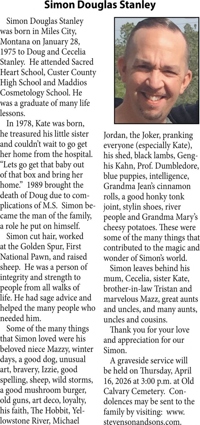 Simon Douglas Stanley, Obituaries, Glendive, MT