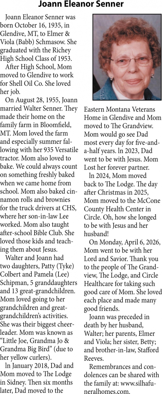 Joann Eleanor Senner, Obituaries, Glendive, MT