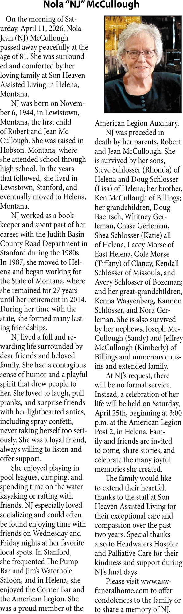 Nola McCullough, Obituaries, Glendive, MT