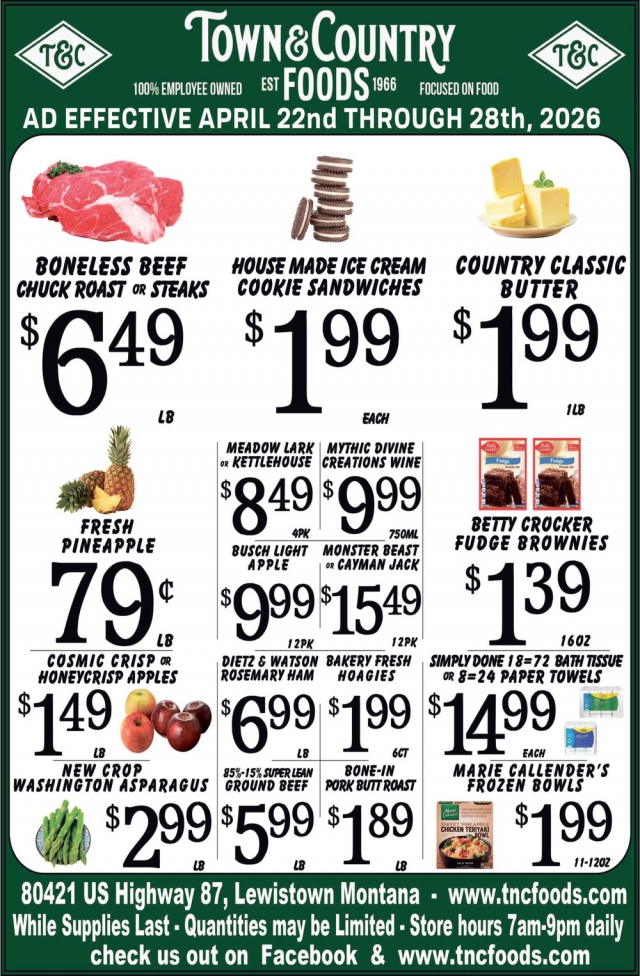 Boneless Beef Chuck Roast or Steaks, Town & Country Foods - Lewiston, Lewistown, MT
