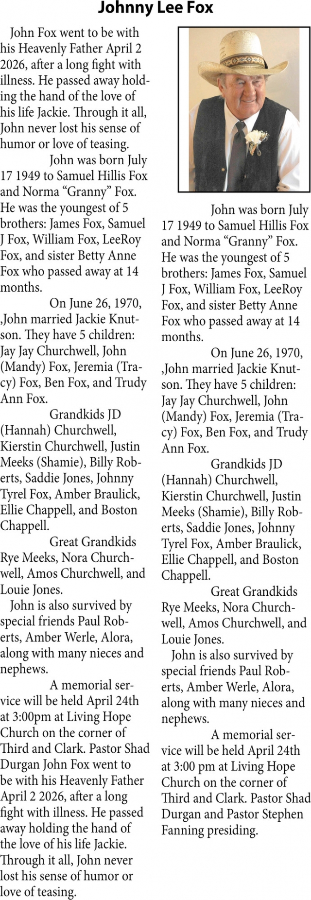 Johnny Lee Fox, Obituaries, Glendive, MT