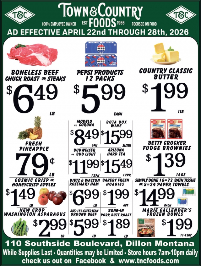 Boneless Beef Chuck Roast or Steaks, Town & Country Foods - Dillon, Dillon, MT