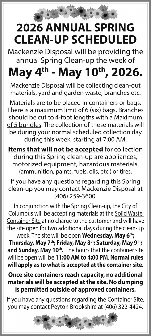 2026 Annual Spring Clean-Up Scheduled, City of Columbus, Columbus, MT