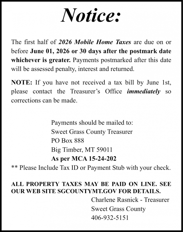 Notice, Charlene Rasnick - Sweet Grass County