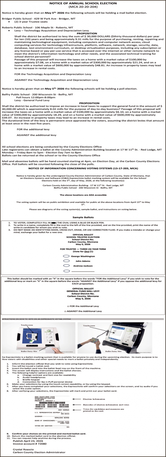 Notice of Annual School Election, Carbon County Election Administration, Red Lodge, MT