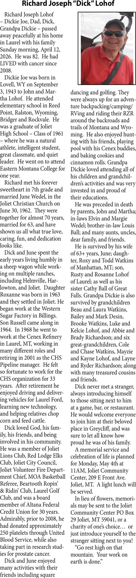 Richard Joseph Lohof, Obituaries, Glendive, MT
