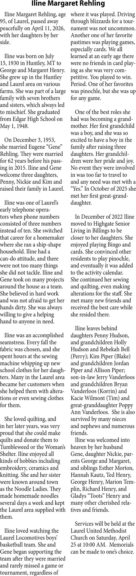 Iline Margaret Rehling, Obituaries, Glendive, MT