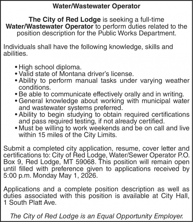 Water/Wastewater Operator, City of Red Lodge, Red Lodge, MT
