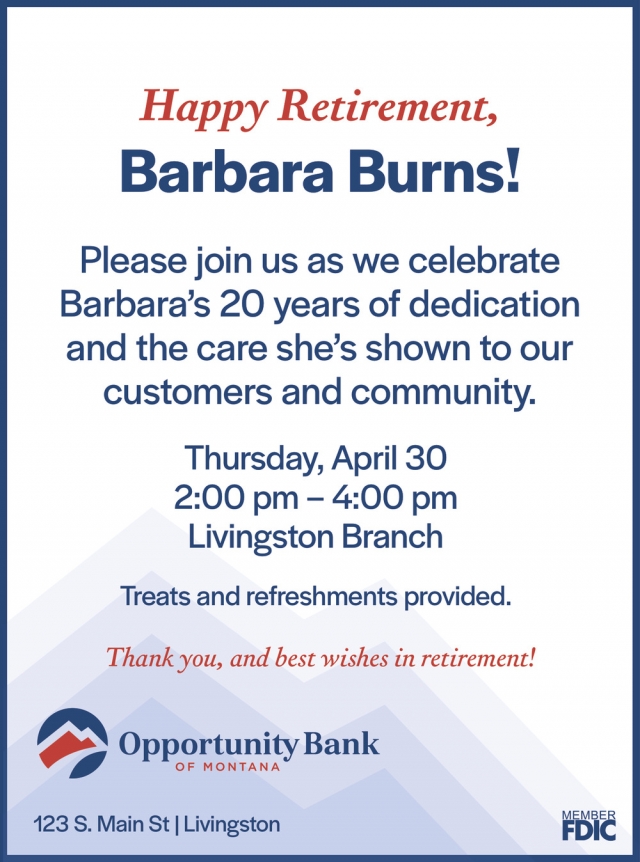 Happy Retirement, Barbara Runs!, Opportunity Bank, Helena, MT