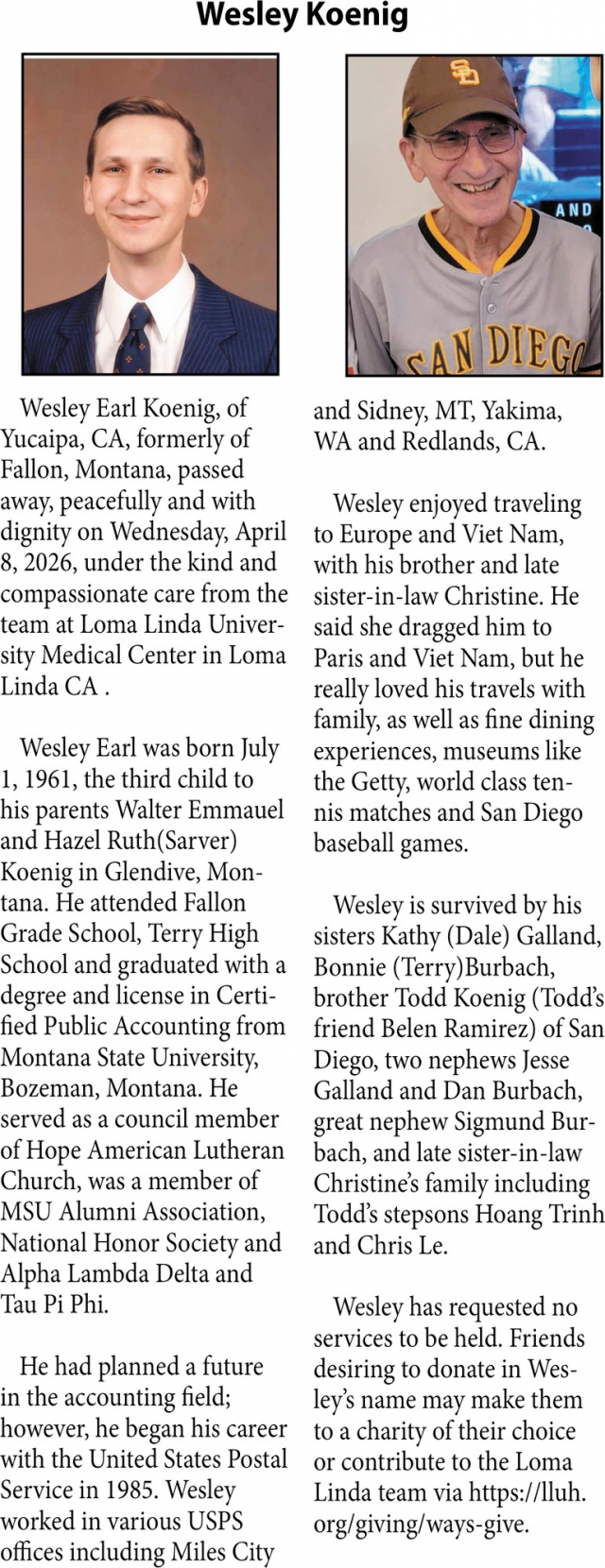 Wesley Koeing, Obituaries, Glendive, MT
