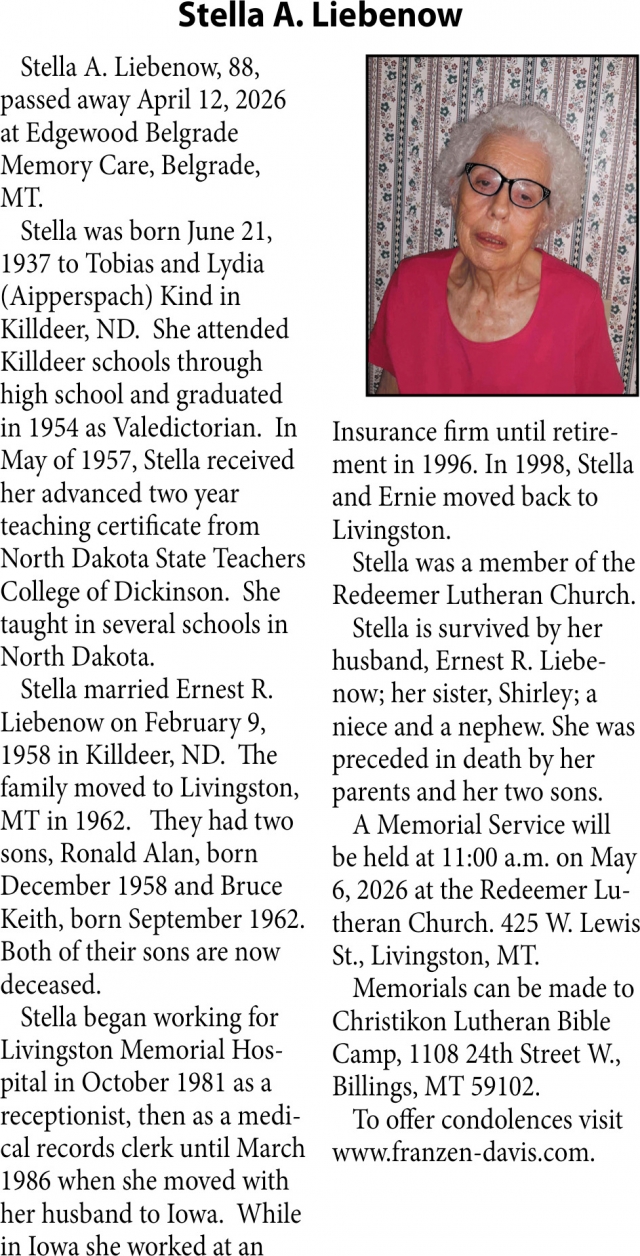 Stella A. Liebenow, Obituaries, Glendive, MT