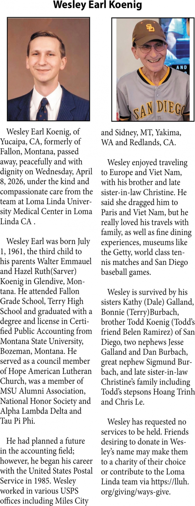 Wesley Earl Koeing, Obituaries, Glendive, MT