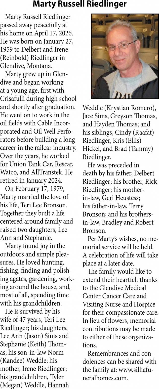 Marty Russell Riedlinger, Obituaries, Glendive, MT
