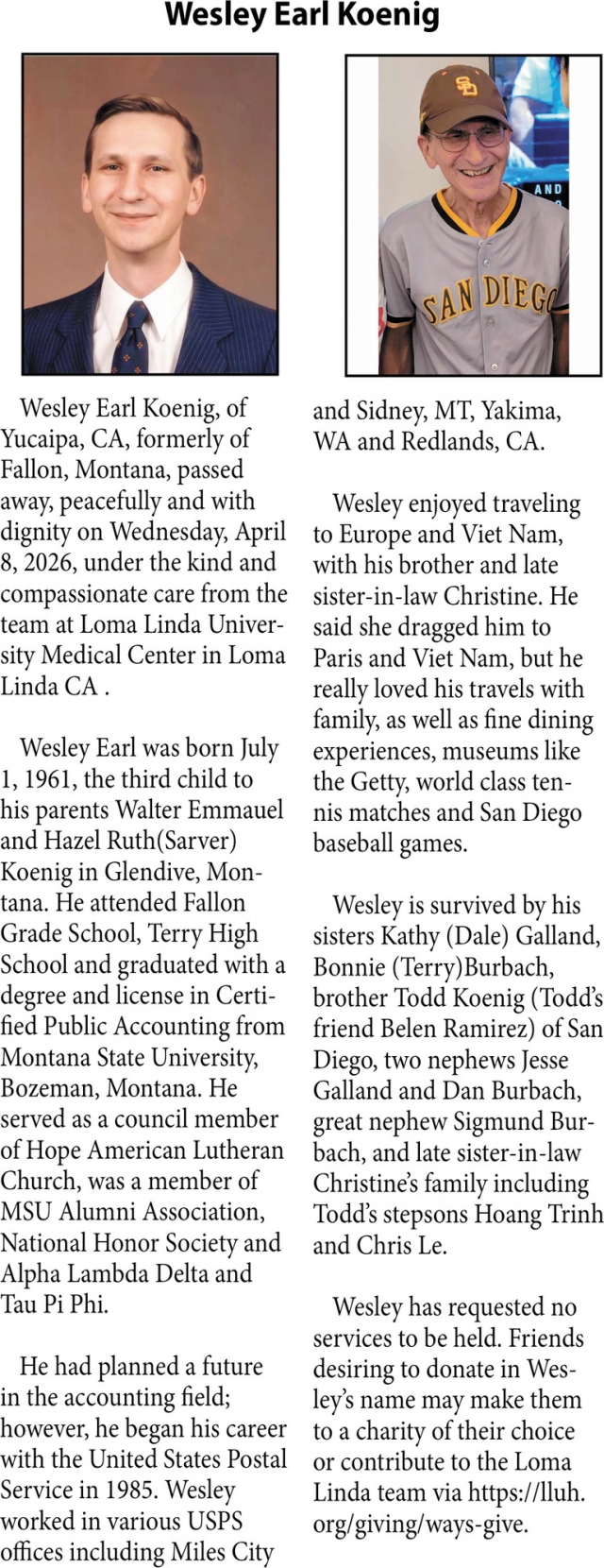 Wesley Earl Koenig, Obituaries, Glendive, MT