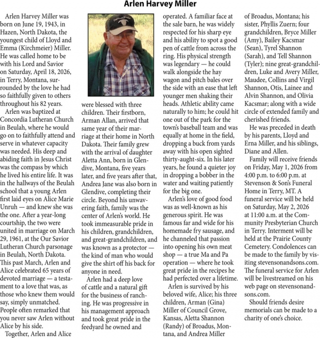 Arlen Harvey Miller, Obituaries, Glendive, MT