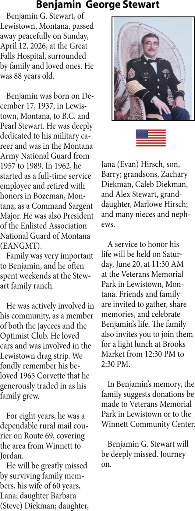 Benjamin George Stewart, Obituaries, Glendive, MT