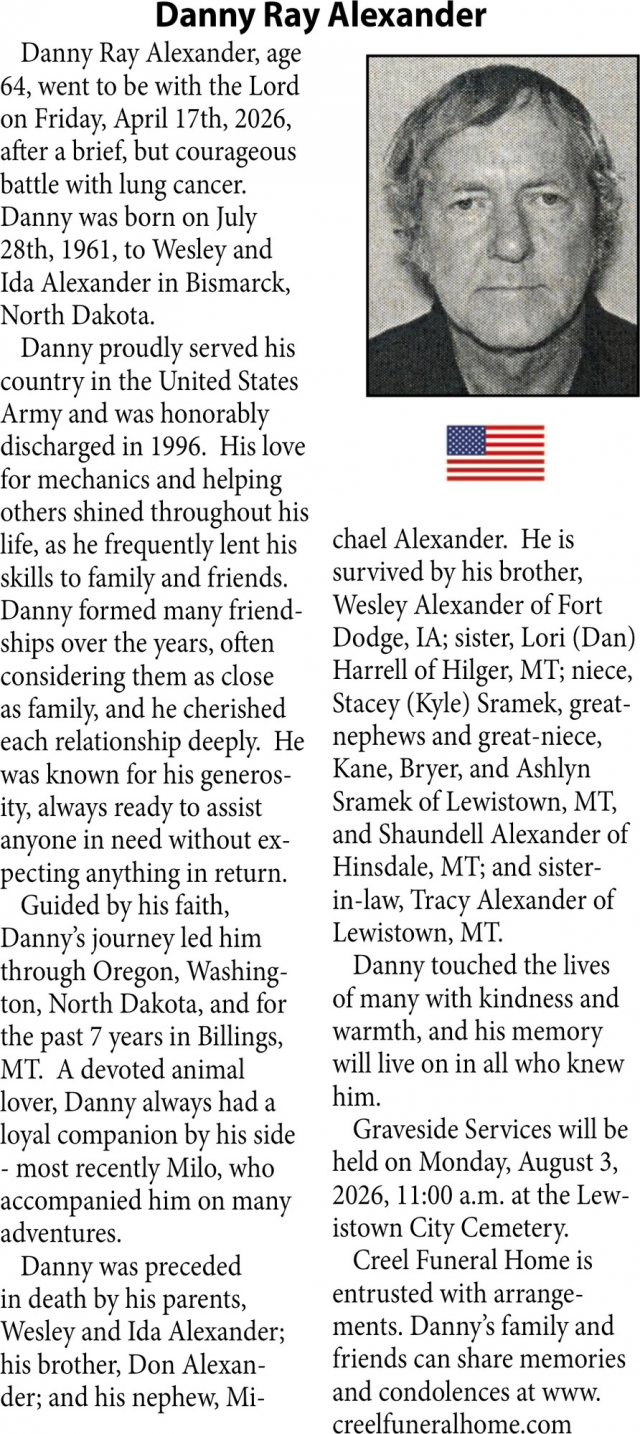 Danny Ray Alexander, Obituaries, Glendive, MT