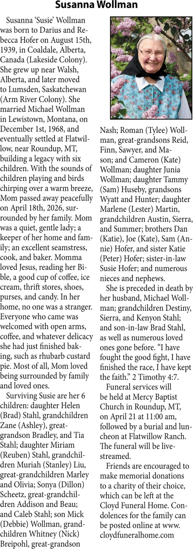 Susanna Wollman, Obituaries, Glendive, MT