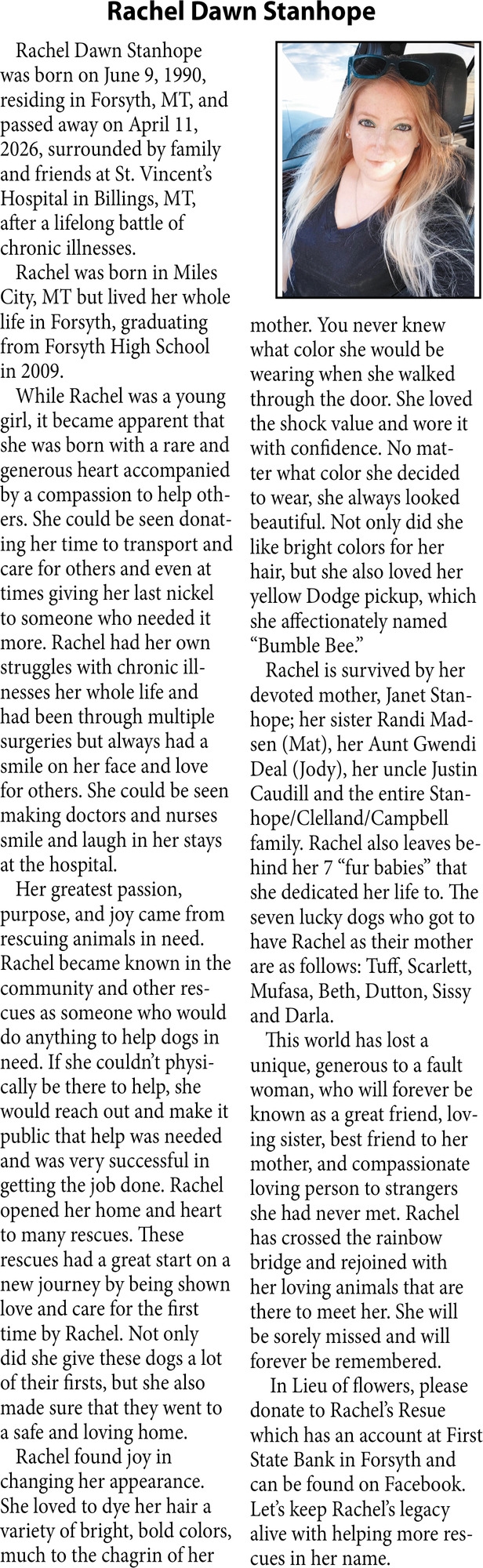 Rachel Dawn Stanhope, Obituaries, Glendive, MT