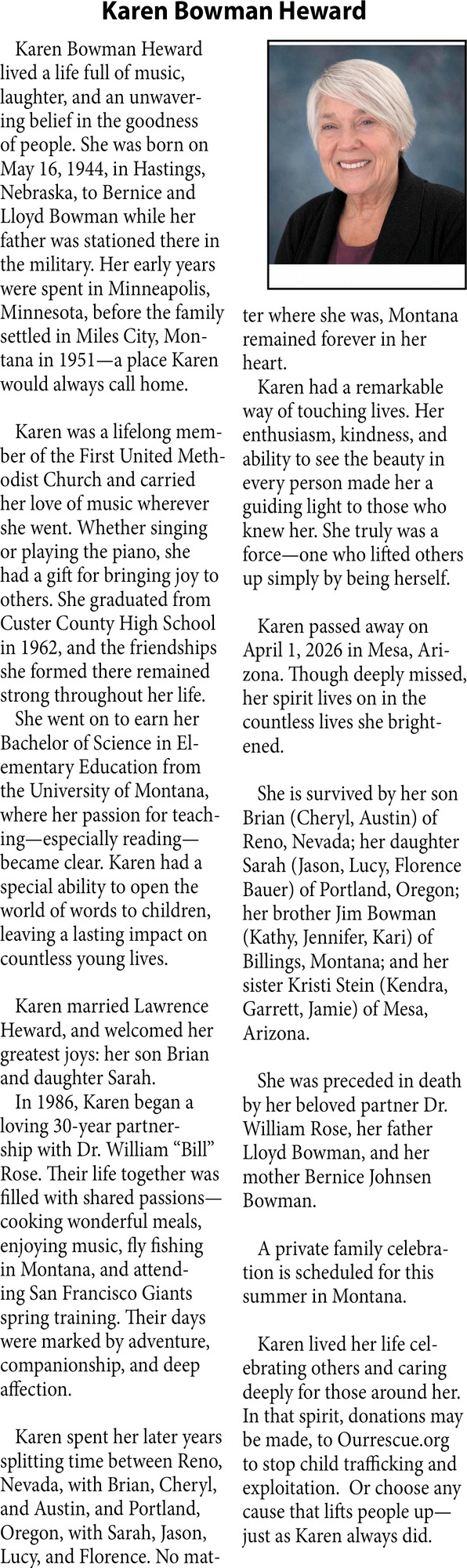 Karen Bowman Heward, Obituaries, Glendive, MT