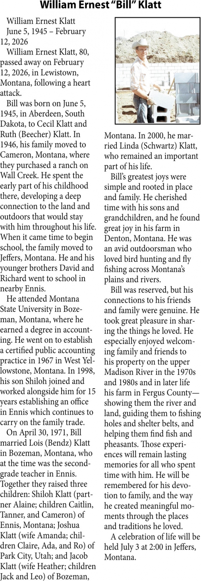 William Ernest Klatt, Obituaries, Glendive, MT