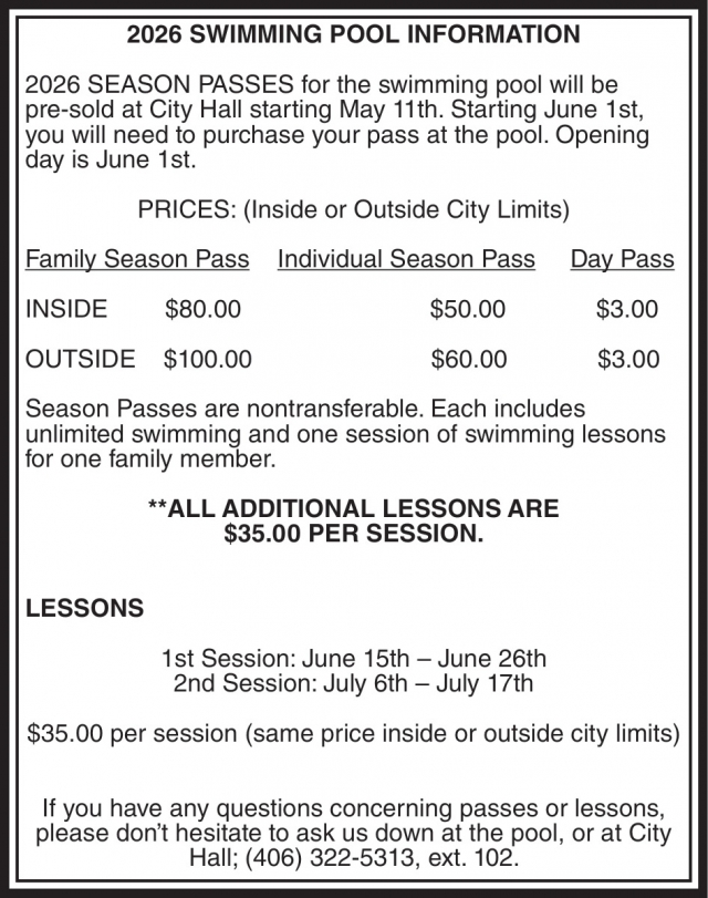 2026 Swimming Pool Information, City of Columbus, Columbus, MT